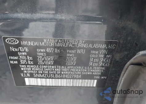 2017 Hyundai Santa Fe Sport 2.4L from USA, damaged, VIN 5NMZU3LB6HH027984